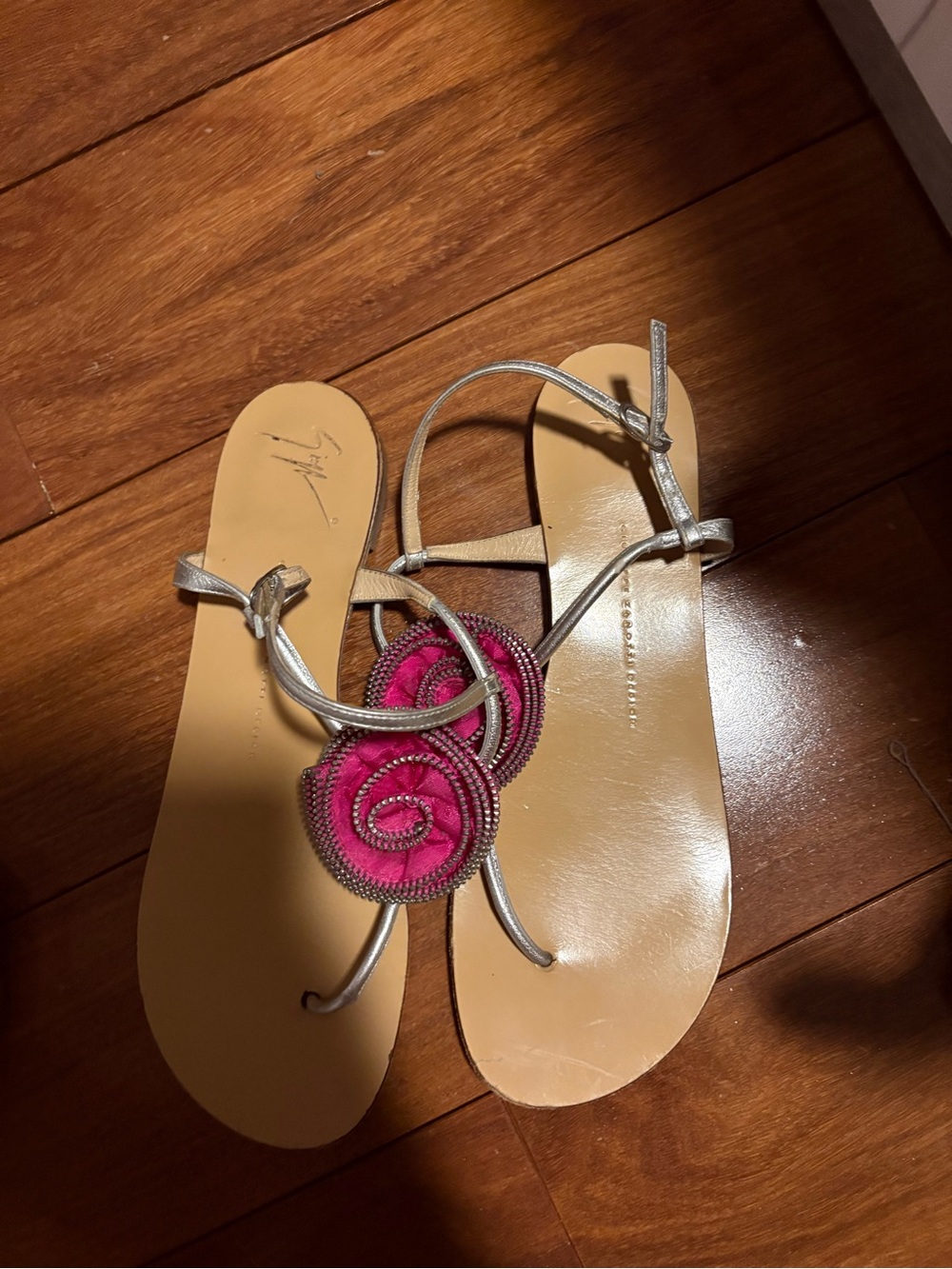 Giuseppe Zanotti Silver Sandals with Pink Rosette Detail EU40